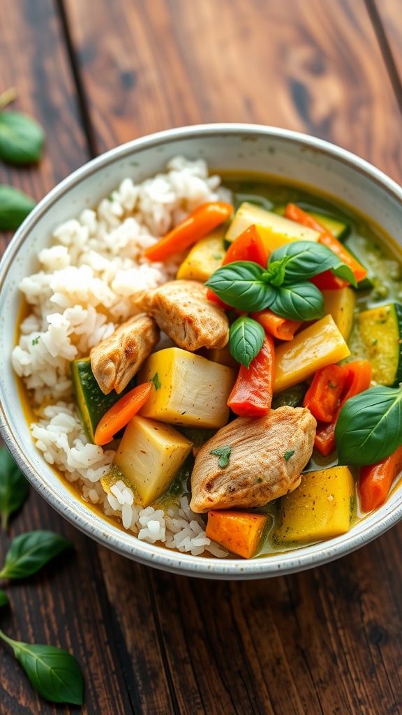 A bowl of spicy Thai green curry chicken with colorful vegetables, garnished with basil leaves, alongside jasmine rice.